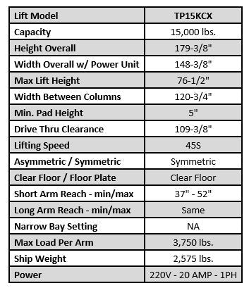 Tuxedo TP15KCX 15,000lb Clear Floor Two Post Lift