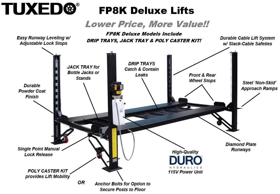 Tuxedo FP8K-DX Deluxe Four Post Lift With Casters, Drip & Jack Tray